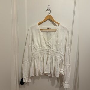Faherty White V-Neck Blouse Organic Cotton Large